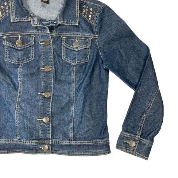 Baccini Denim Jacket Womens Size Medium Blue Dark Washed Embellished Button Up - Picture 4 of 16